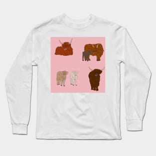 Highland Cows Pattern Pink Long Sleeve T-Shirt